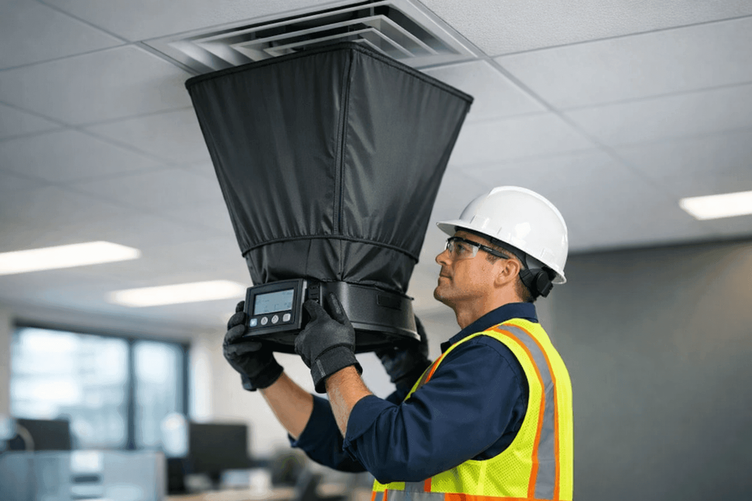 Technician measuring airflow from office ceiling vent