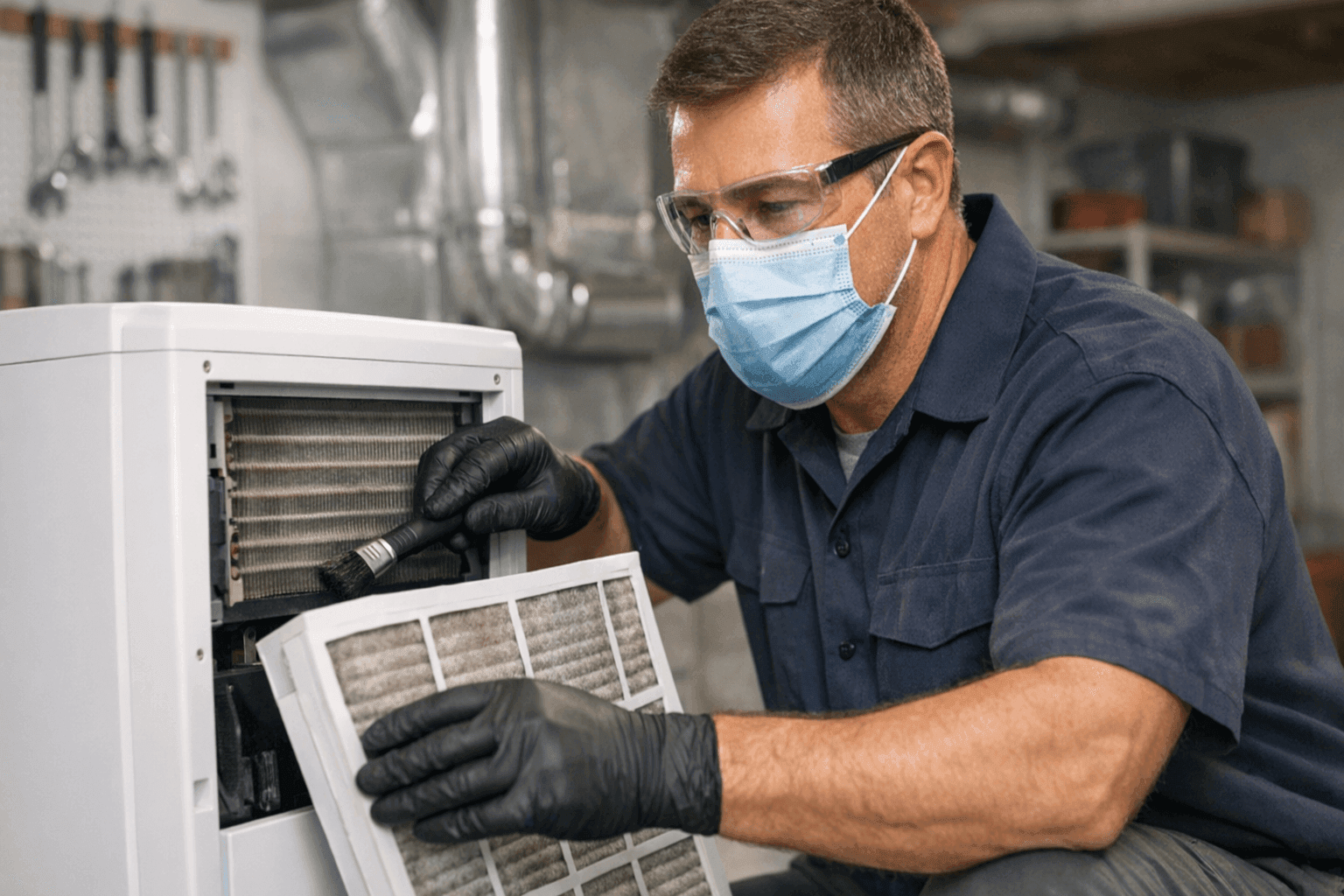 Technician cleaning dehumidifier coils and filter