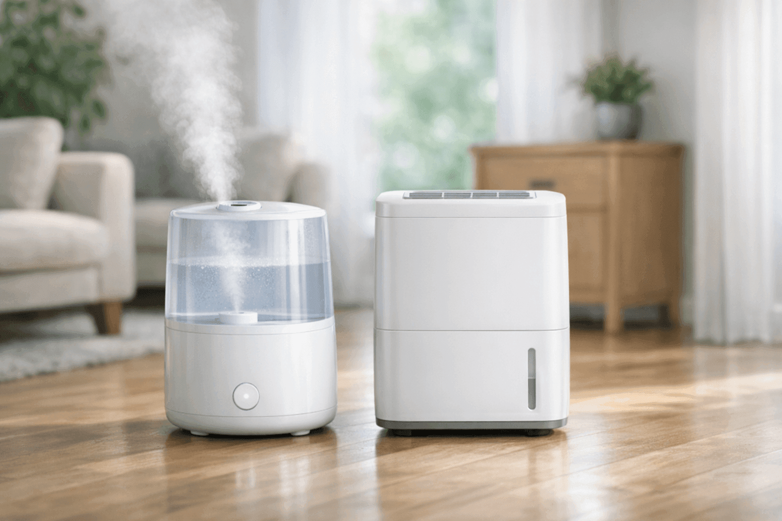 Humidifier and dehumidifier on a wood floor in a bright room