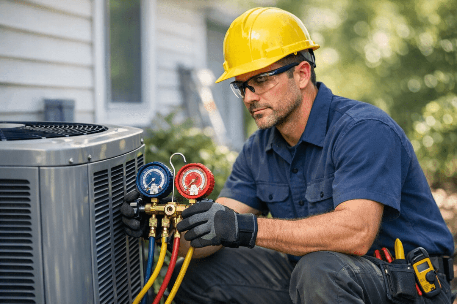 Technician testing an air conditioner unit with gauges and tools