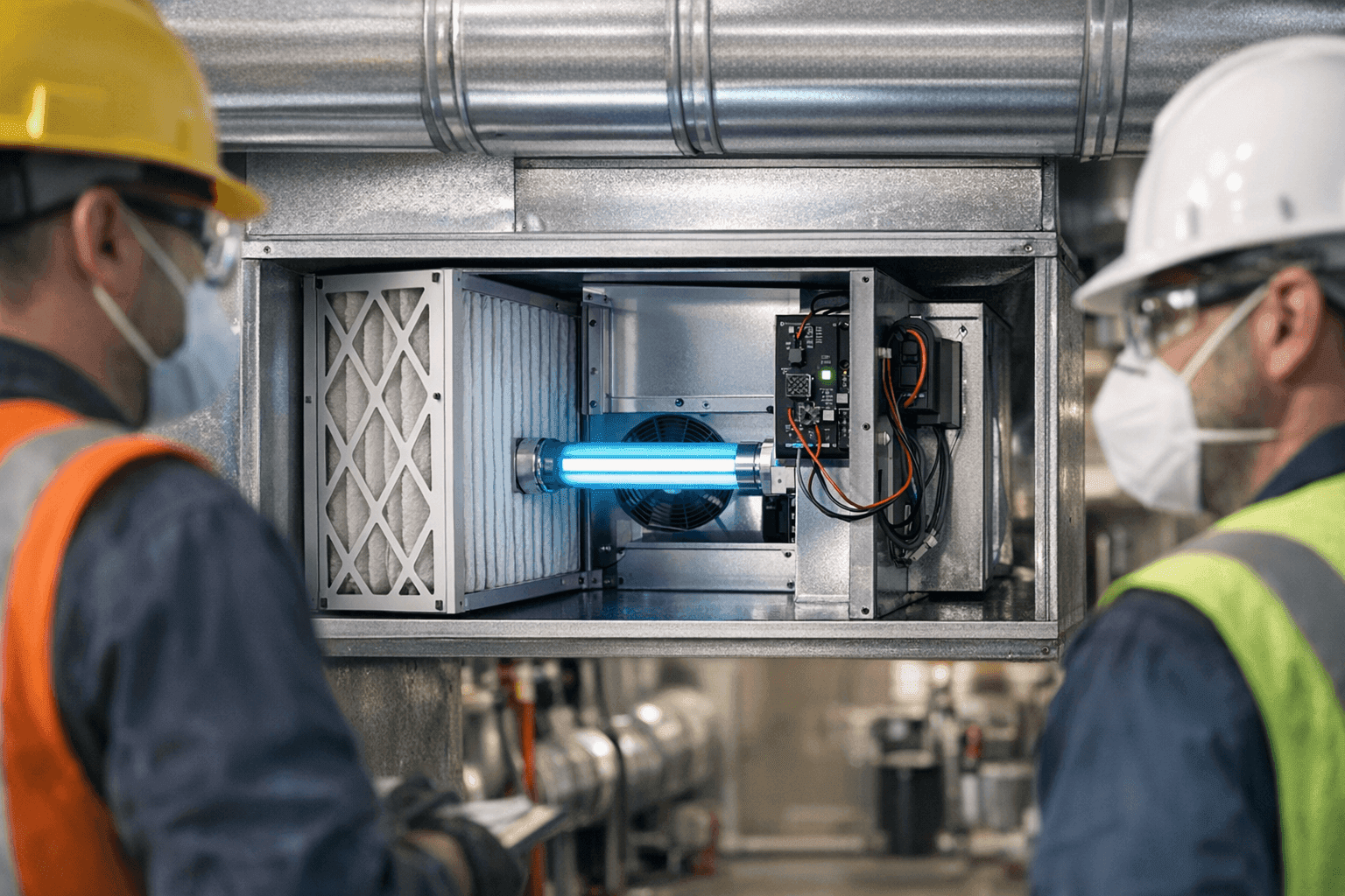 Closeup of air scrubber unit installed in clean HVAC system