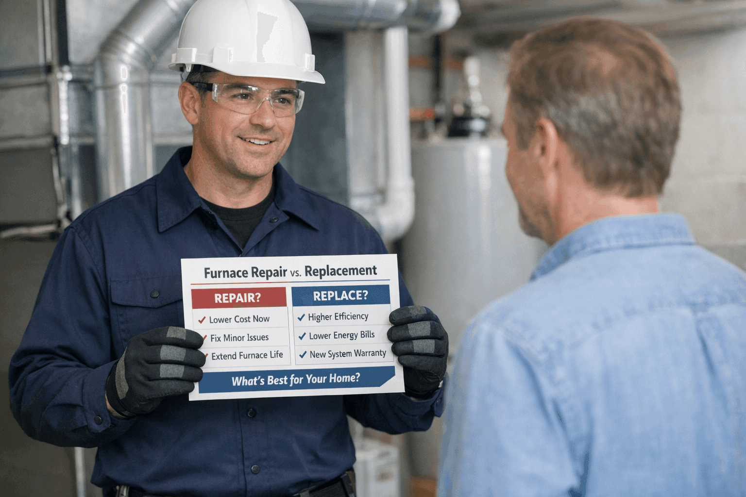 Technician showing furnace replacement options to homeowner