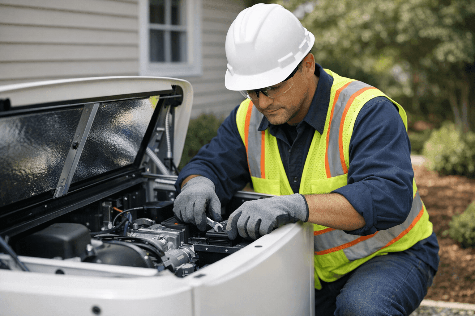 Technician installing whole-house generator near home exterior