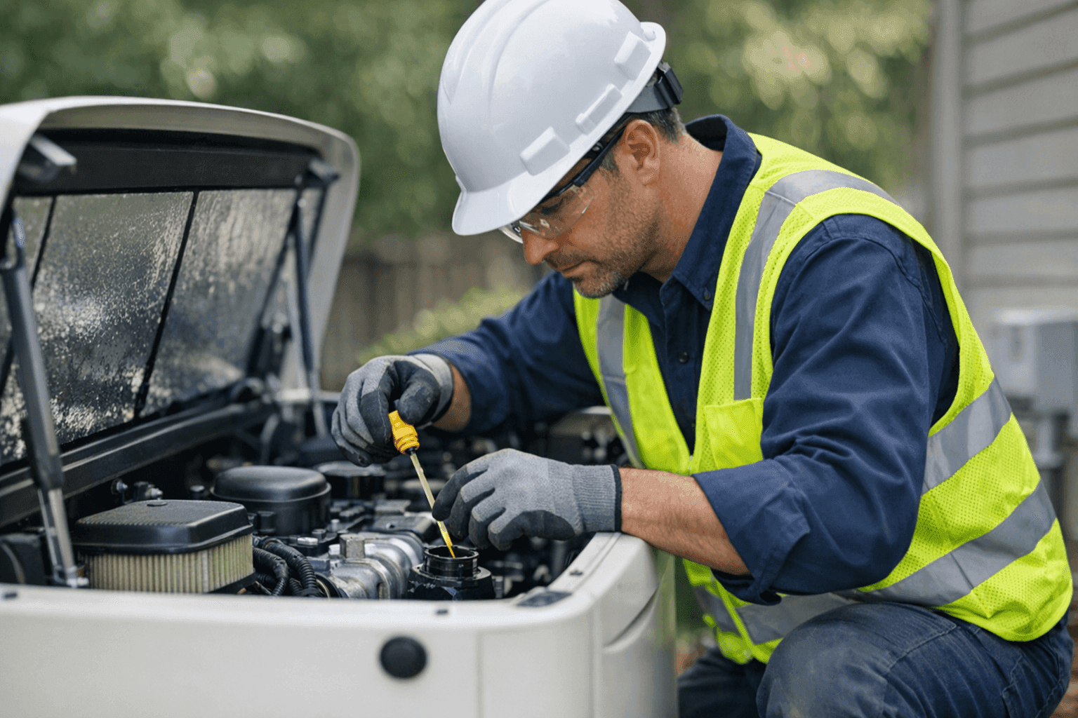 Technician performing maintenance on backup generator