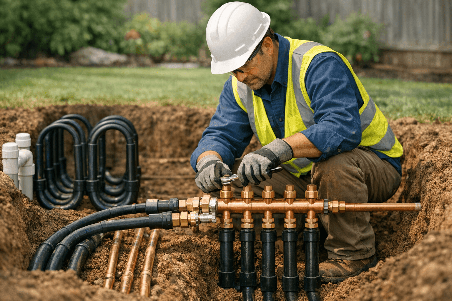Technician installing geothermal loop field in yard