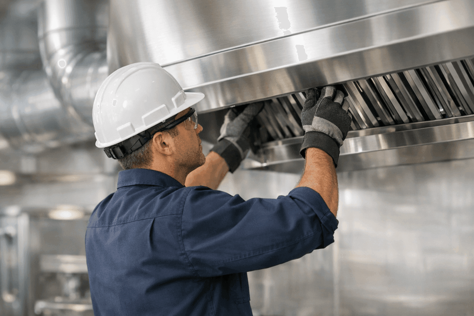 Technician installing commercial kitchen hood and exhaust
