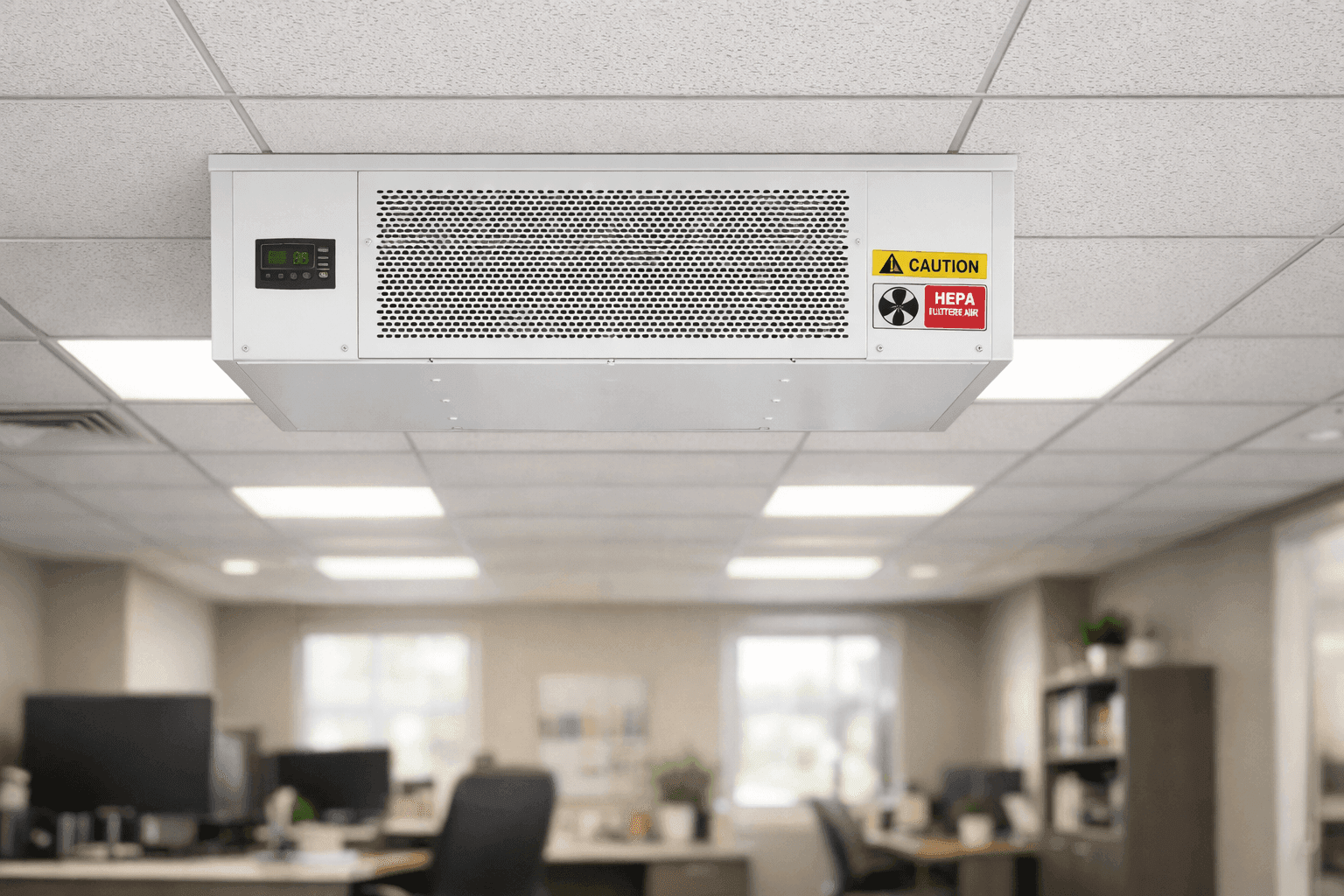 Air scrubber unit installed in office ceiling