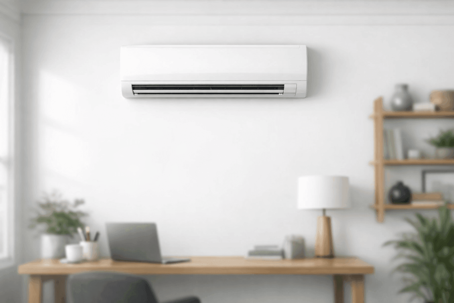 Modern mini-split unit installed high on wall in bright room