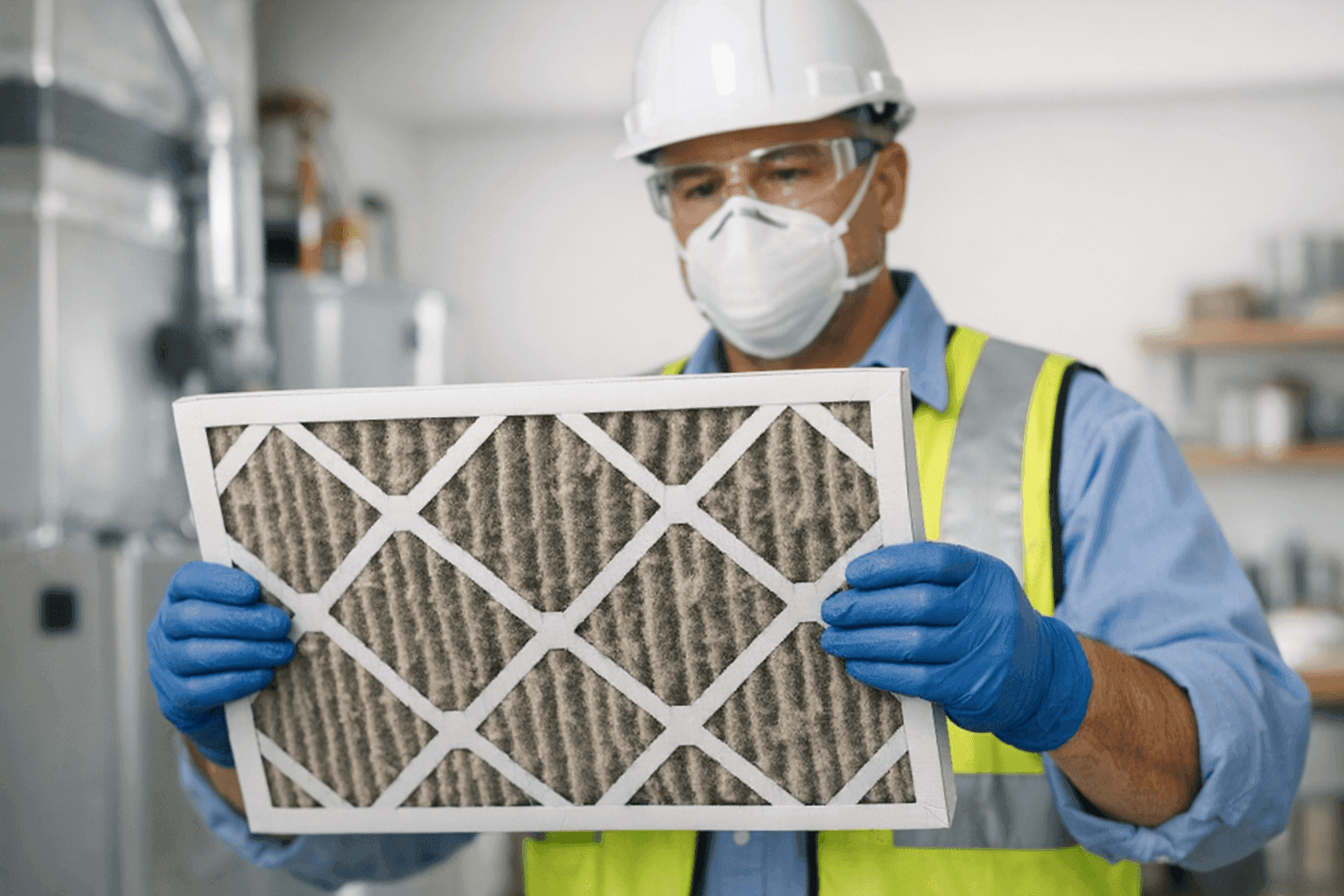 Technician inspecting a dirty home air filter before replacement
