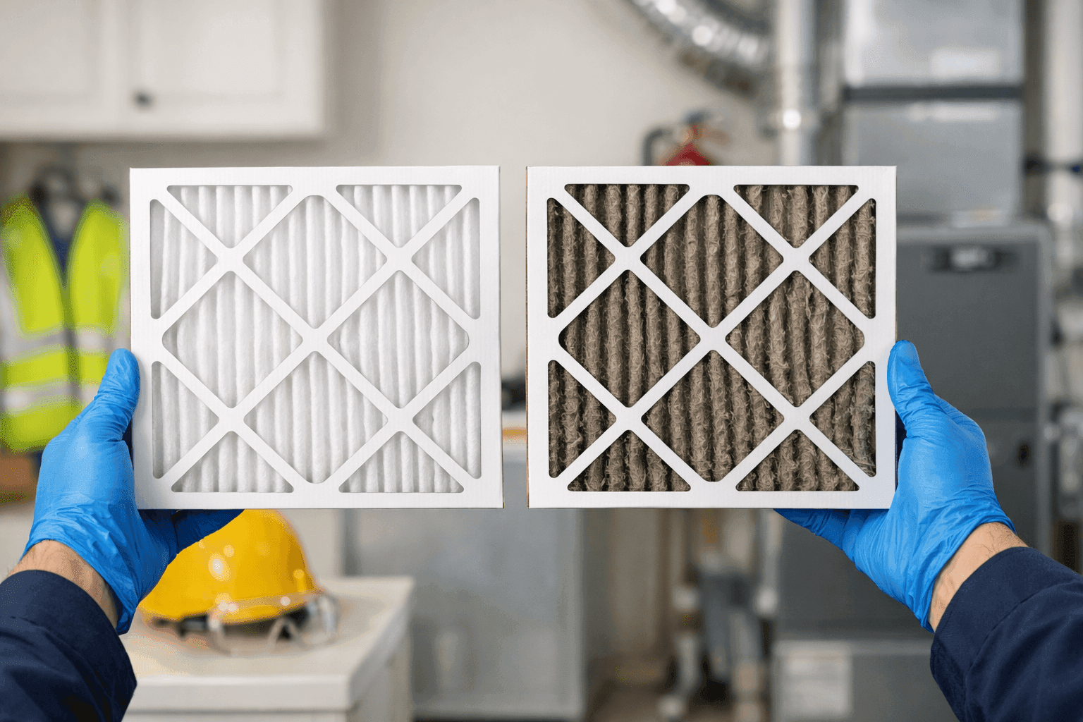 Person holding clean and dirty furnace filters side by side