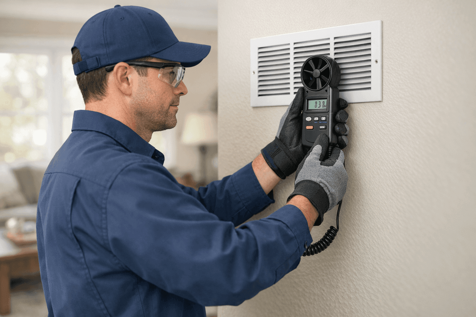 Technician using airflow meter at home air vent
