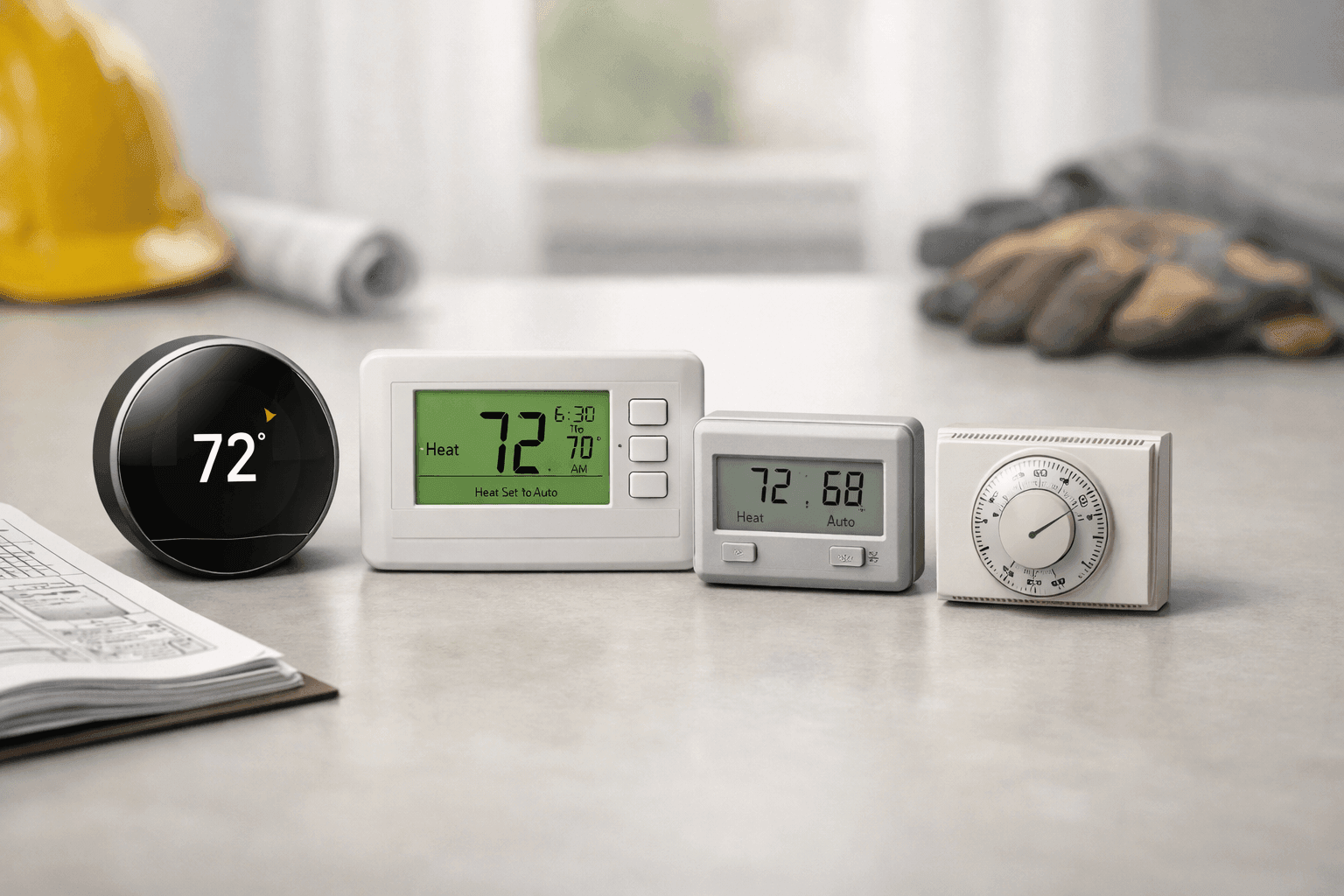 Assorted thermostats displayed on a table with HVAC manual