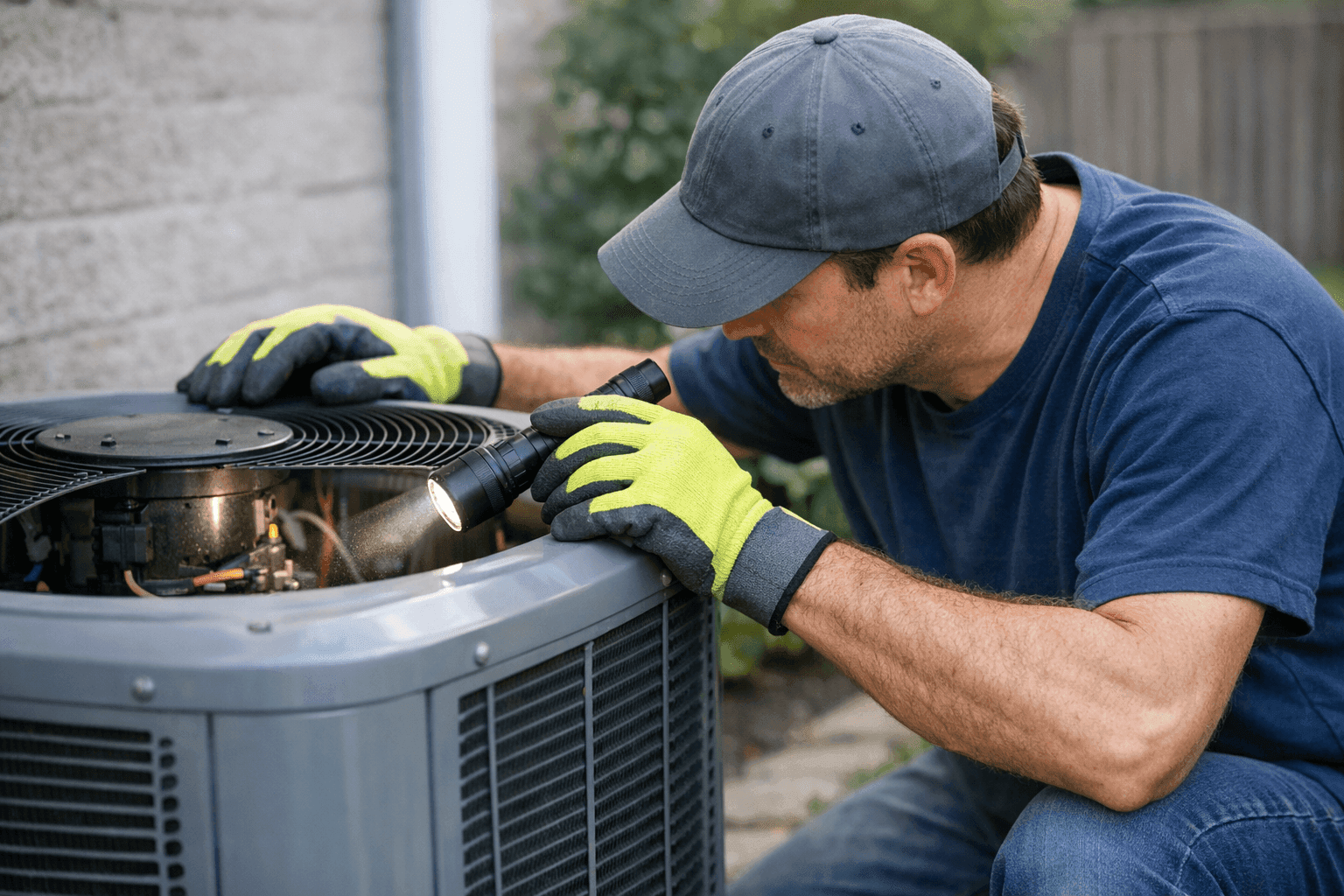 Homeowner examining a non-working AC unit with a flashlight