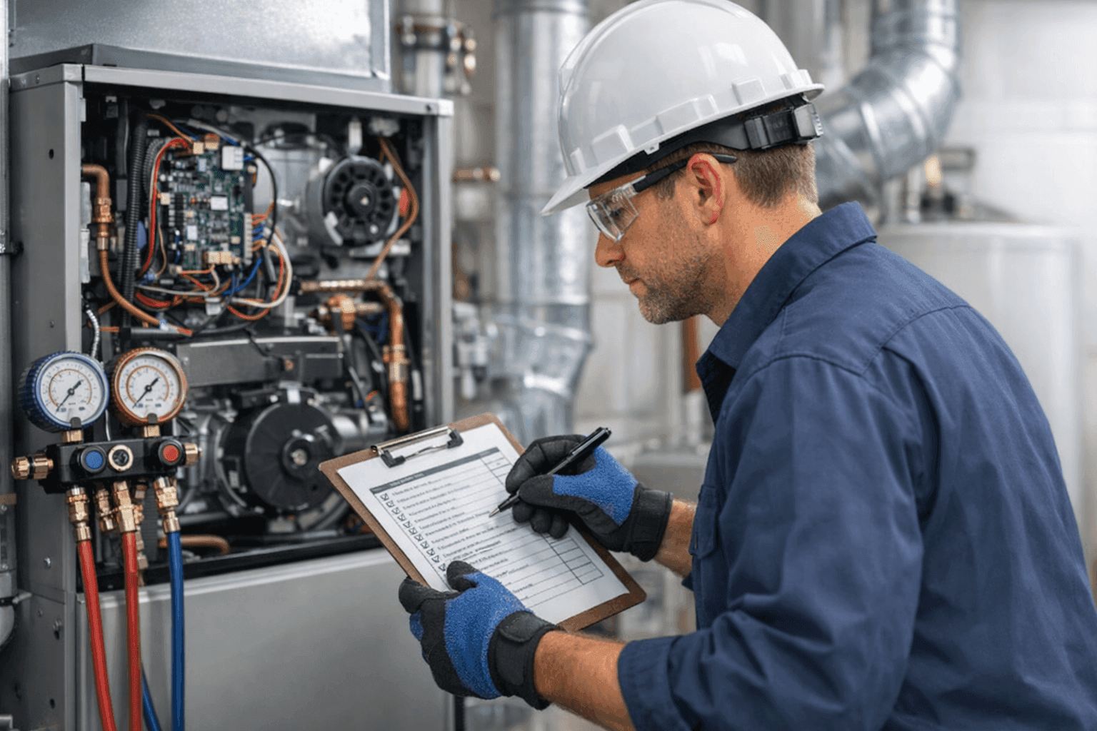 Technician performing multi-point HVAC inspection