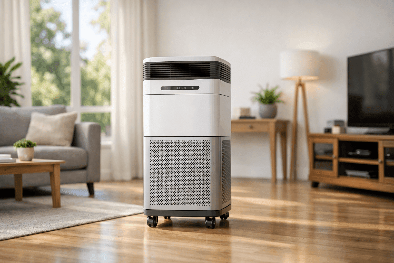 Clean living room with sunlight and visible air purifier