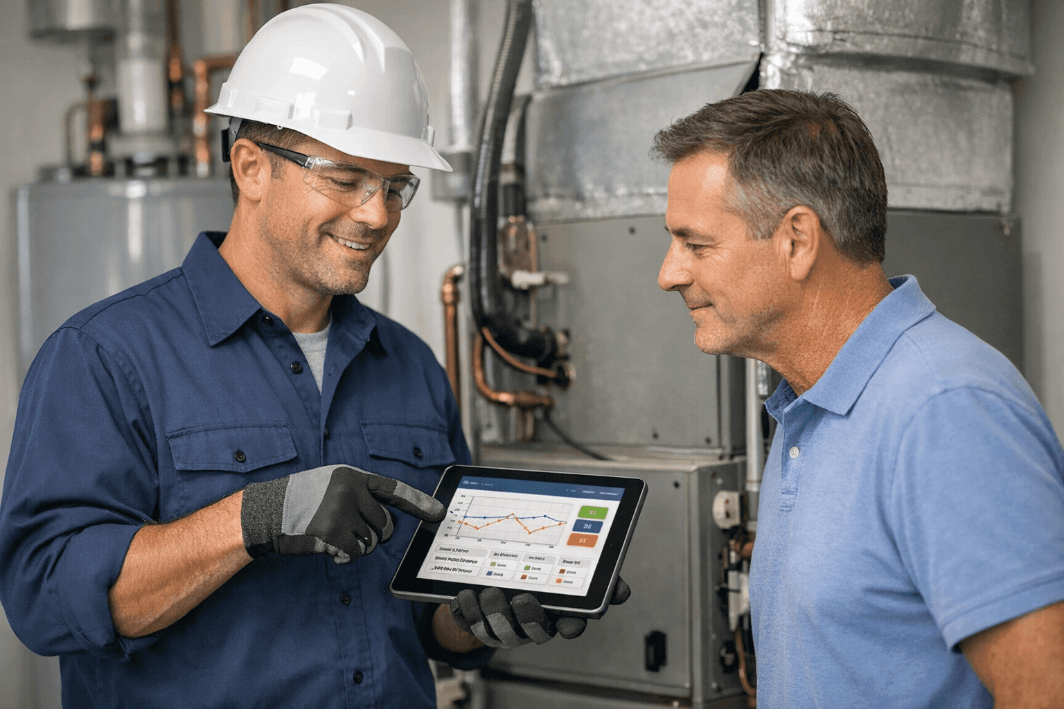 Technician reviewing old HVAC unit with homeowner
