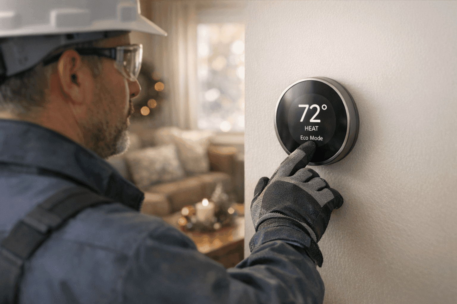 Thermostat being adjusted in a cozy living room during winter