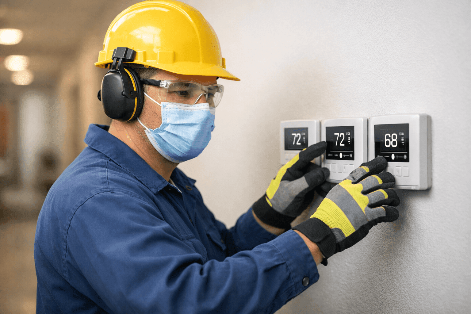 Technician adjusting multiple zone thermostats in hallway