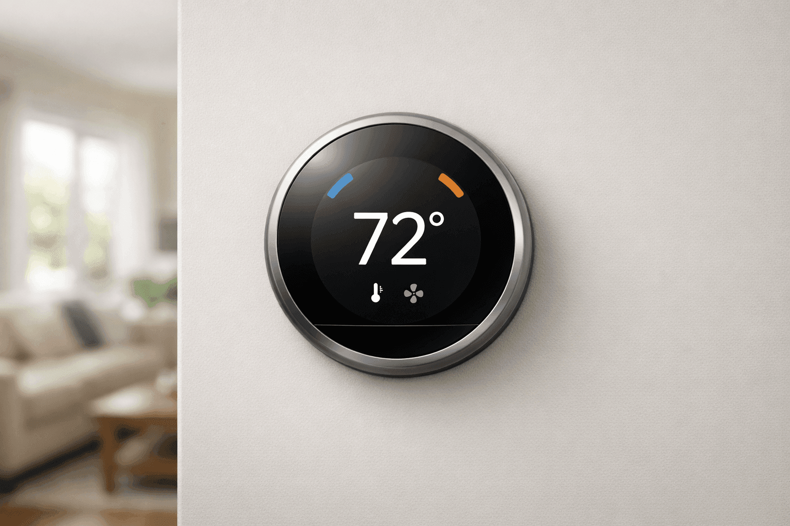 Modern smart thermostat installed on wall in home