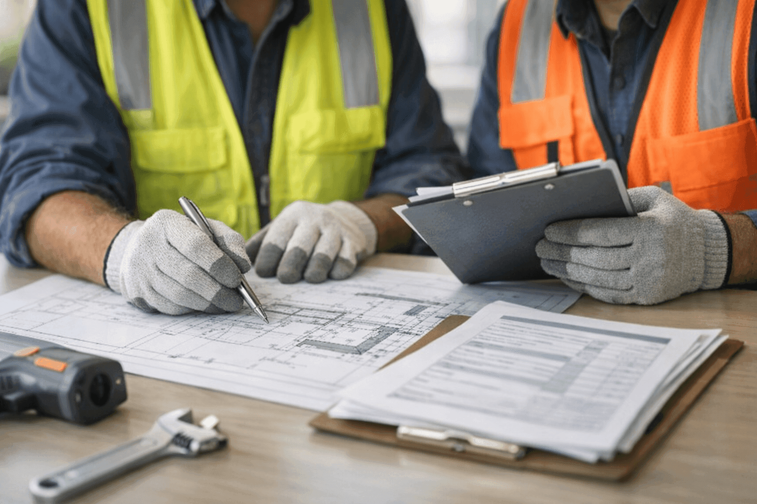 Two contractors discussing HVAC project with client in office