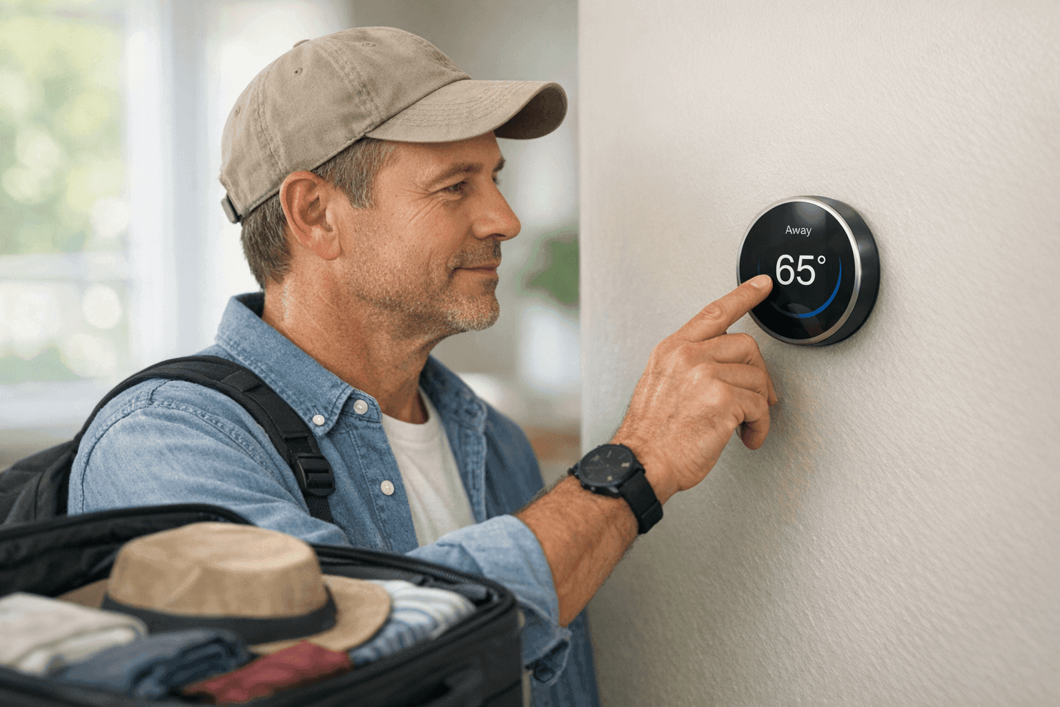 Homeowner adjusting thermostat before leaving on trip