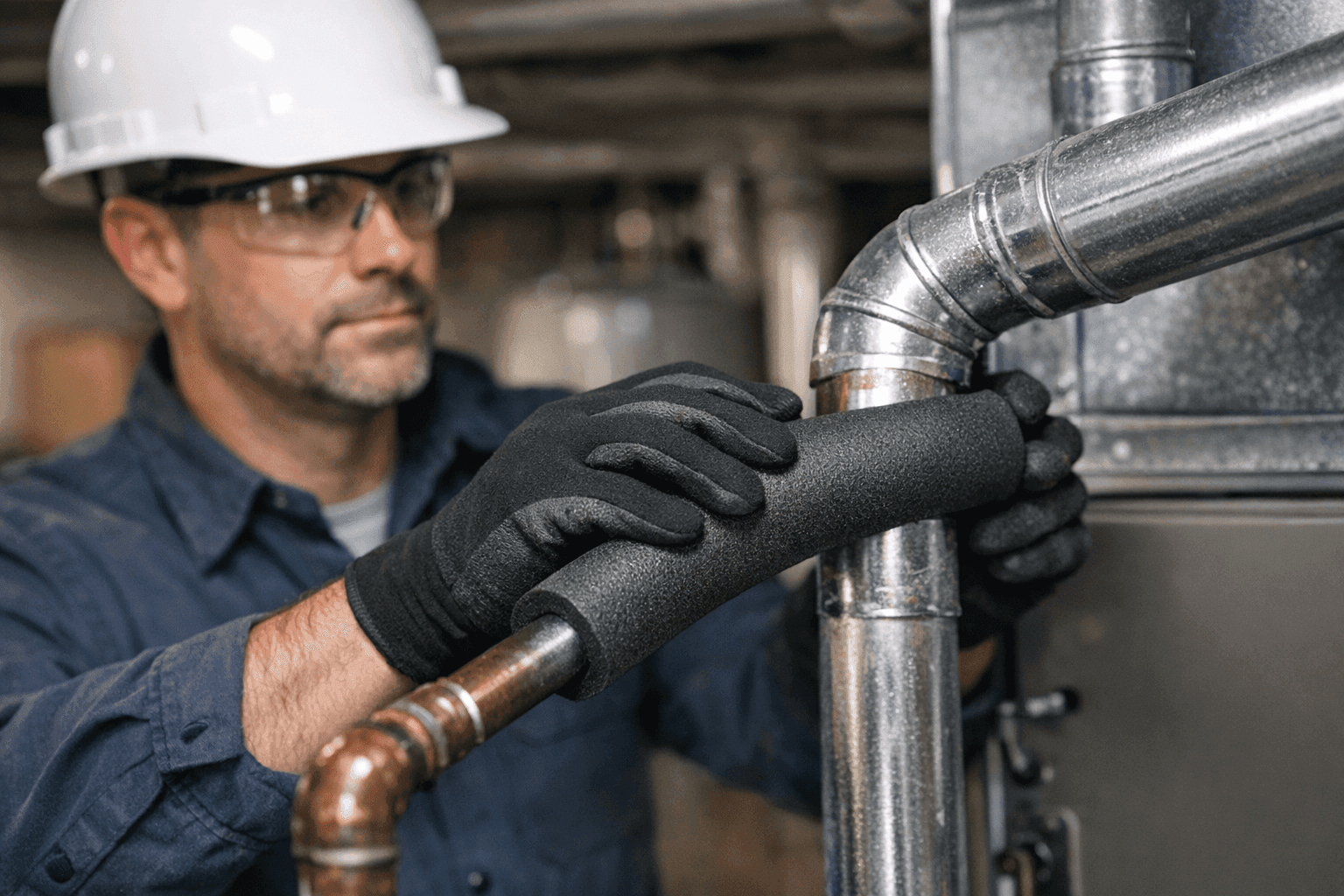 Technician insulating pipes near furnace for winter