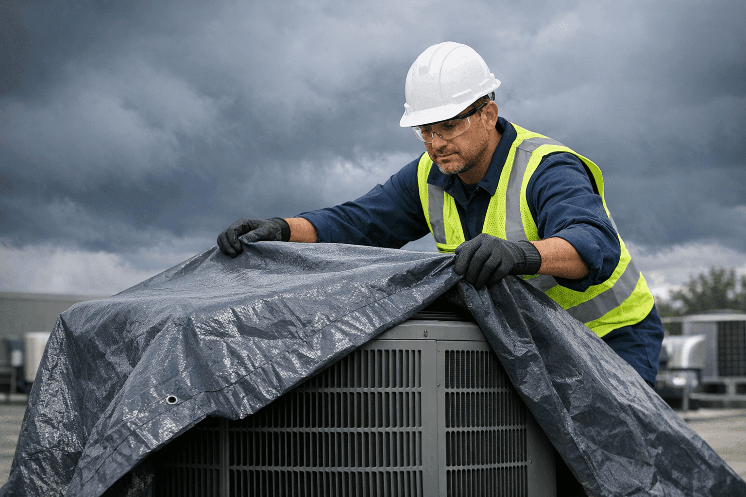 Technician covering outdoor HVAC unit before storm