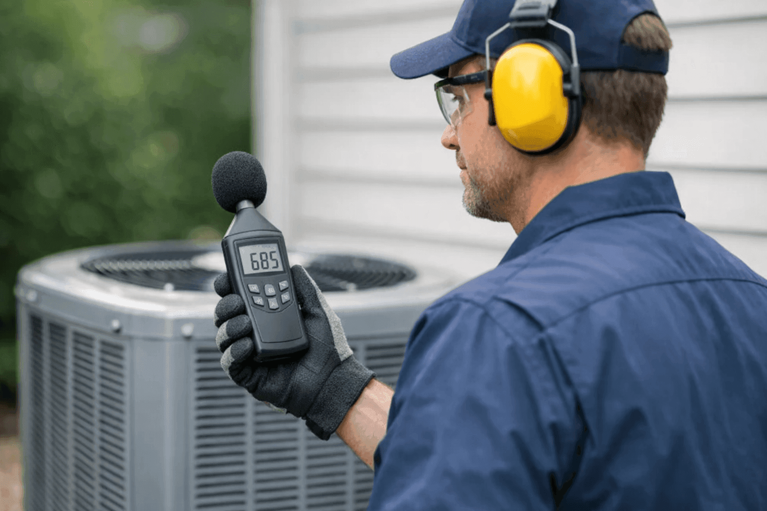 Technician using sound meter near noisy HVAC unit