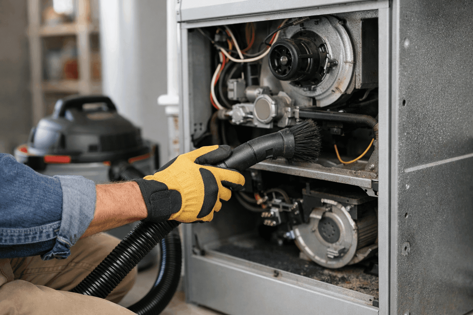 Homeowner vacuuming furnace cabinet with brush attachment