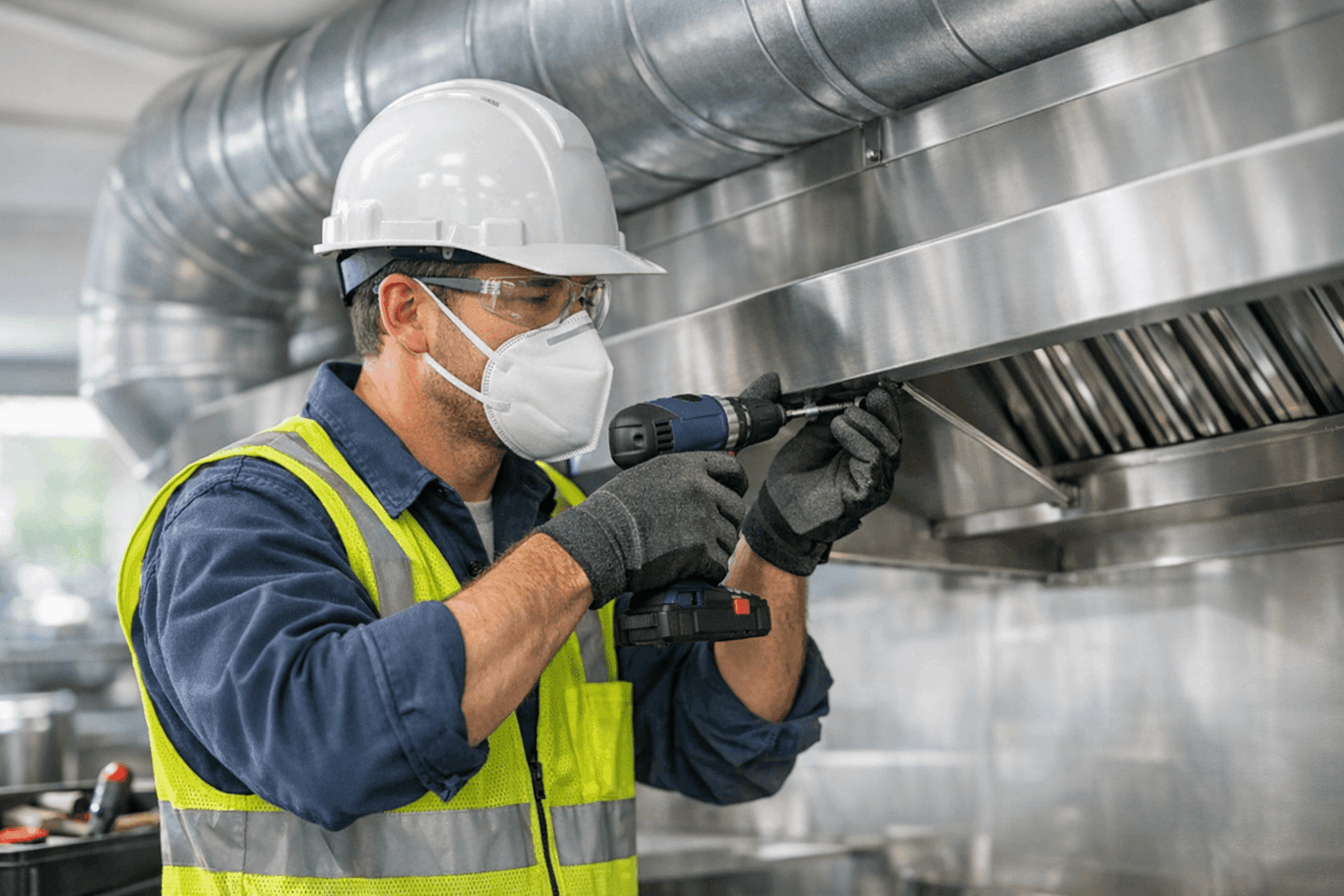 Technician installing commercial kitchen hood with exhaust duct