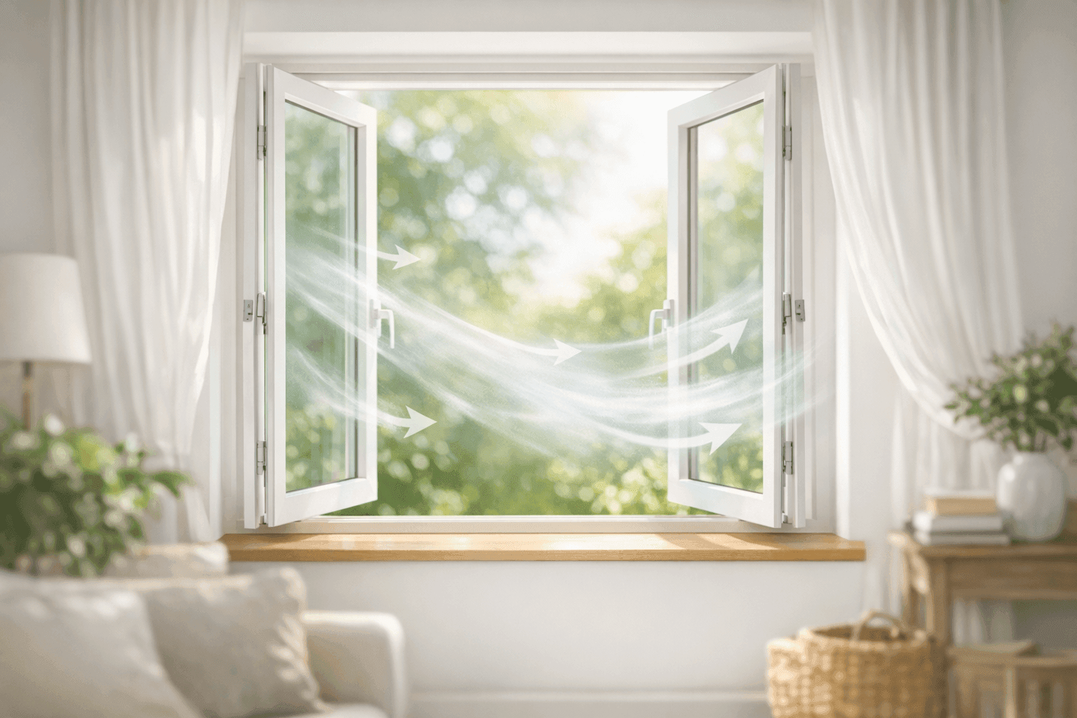 Open window with gentle breeze and visible air flow arrows