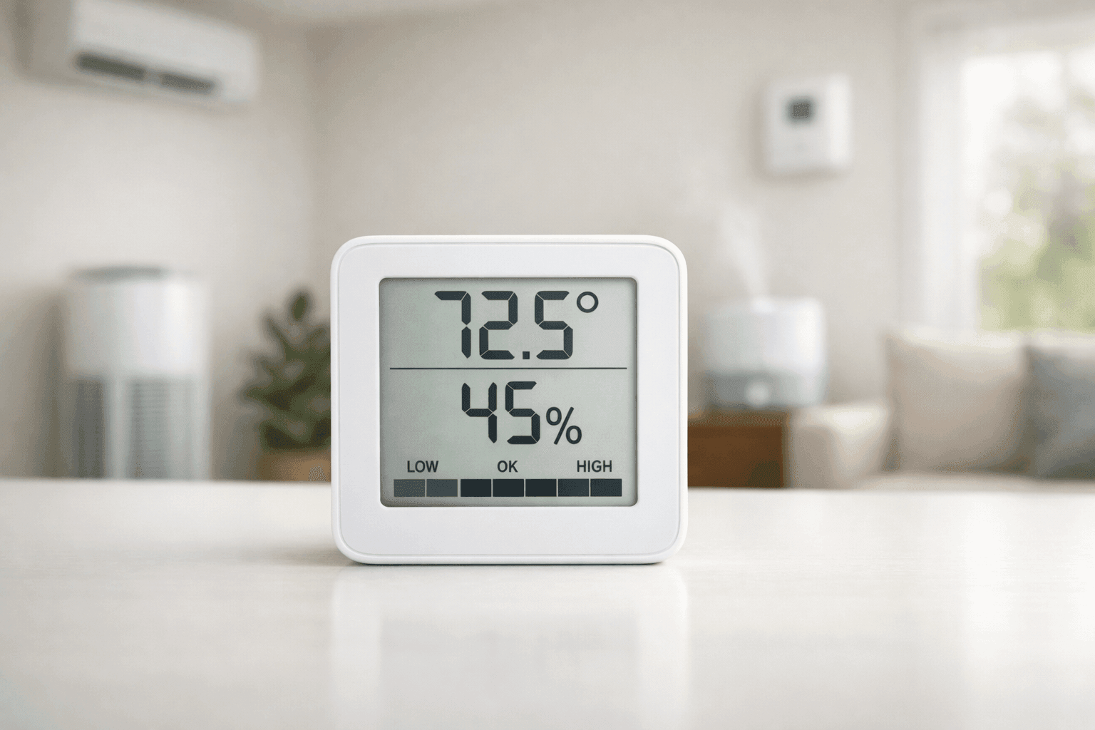 Close-up of digital hygrometer showing home humidity level