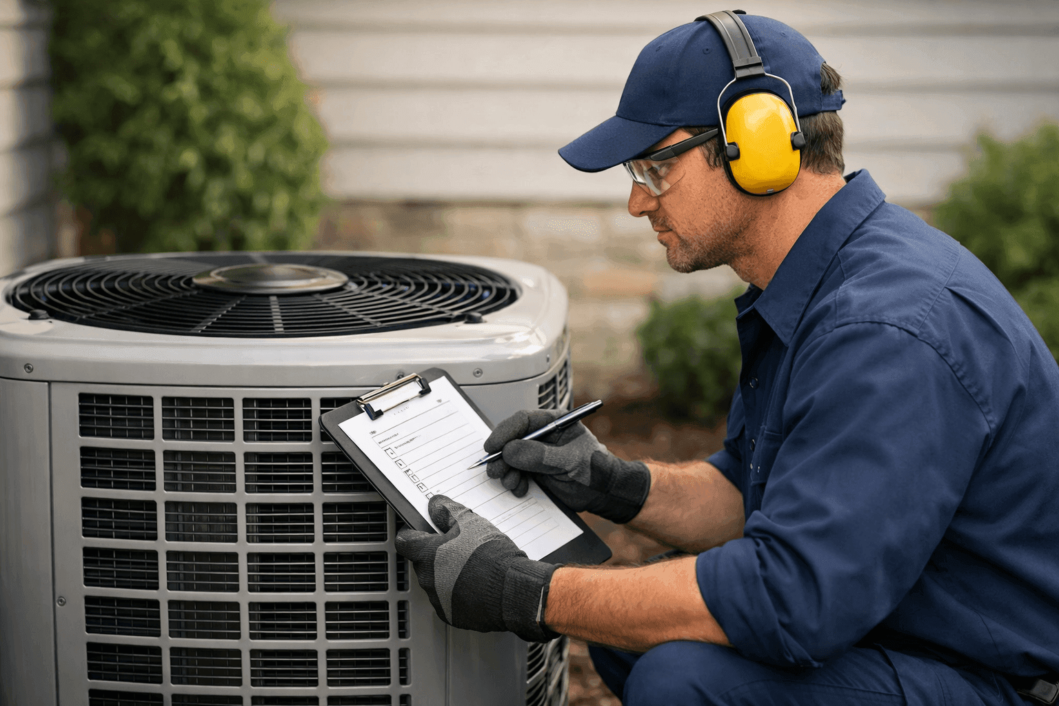 Technician inspecting residential HVAC unit outdoors