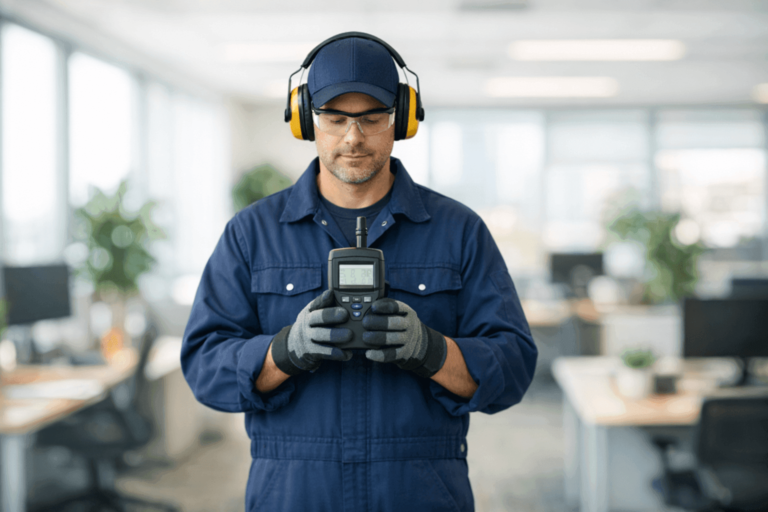 Commercial technician testing office air quality with electronic meter