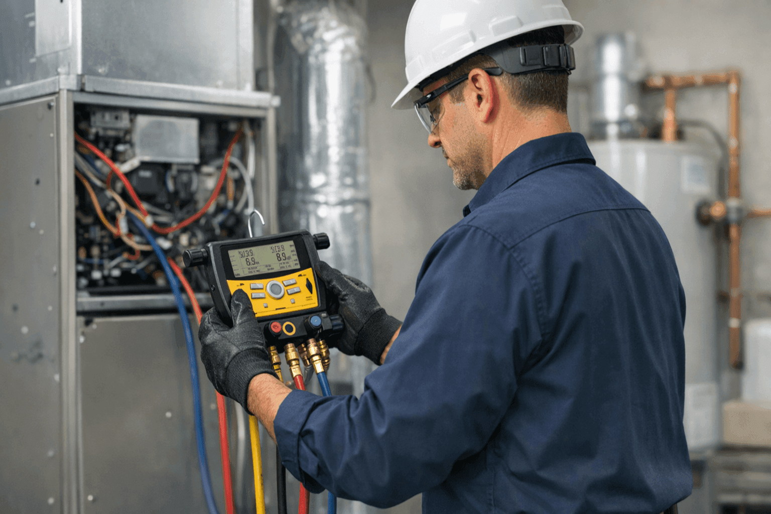 Technician checking HVAC system efficiency with diagnostic tools