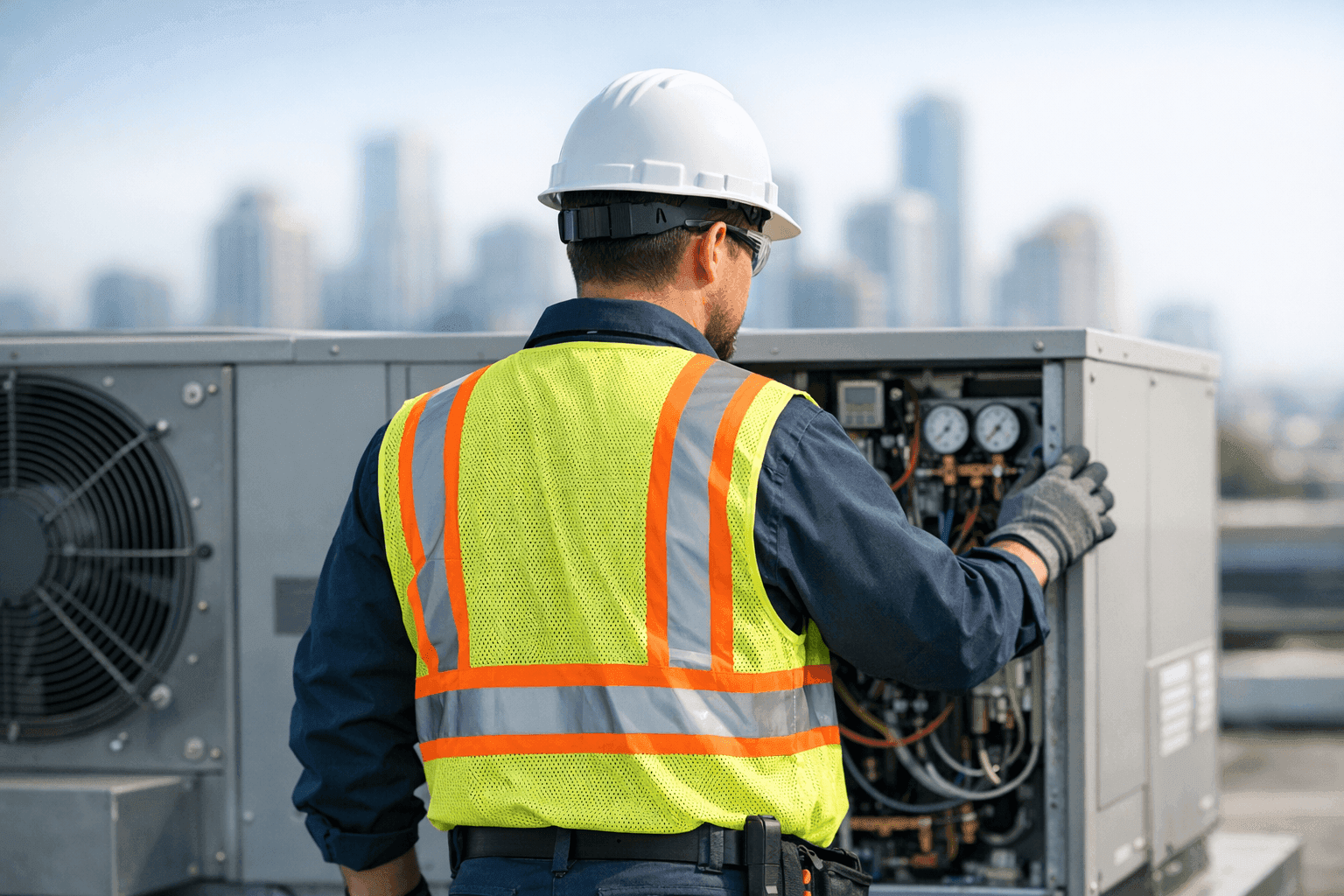 Technician checking rooftop commercial HVAC unit