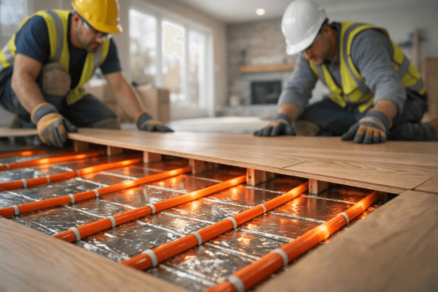 Radiant heating pipes laid out under new flooring