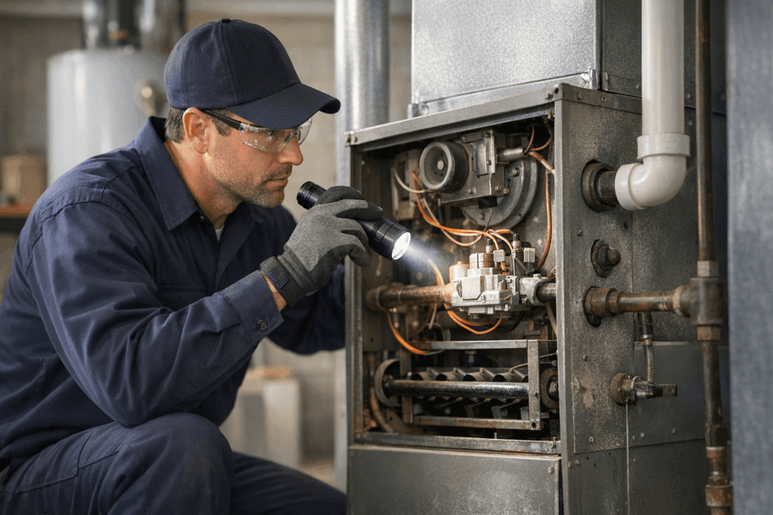Technician inspecting an old furnace for repair or replacement