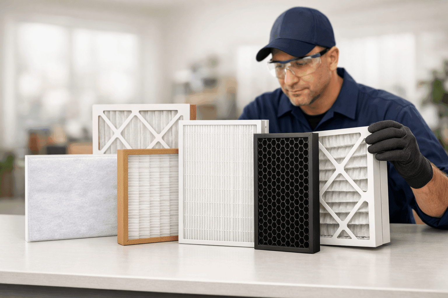 Various HVAC air filters on table for allergy comparison