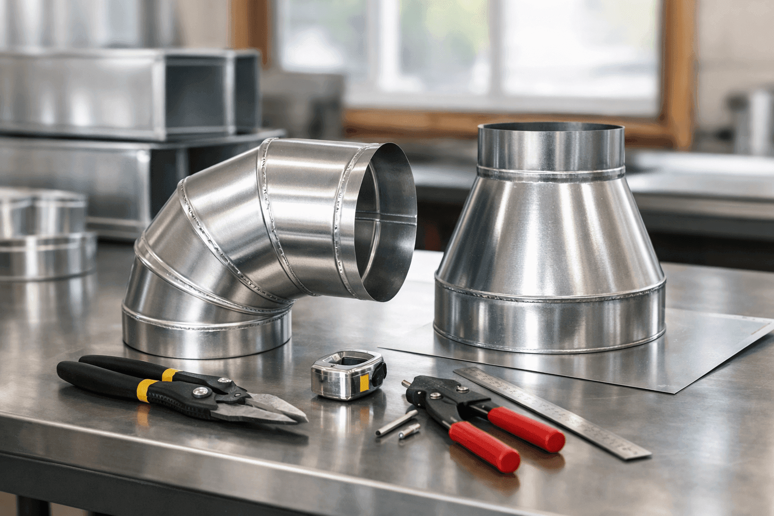 Sheet metal ductwork being fabricated in shop