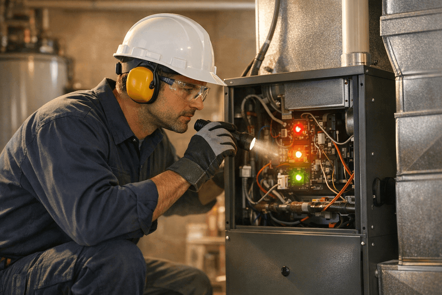 Furnace with warning lights and technician inspecting