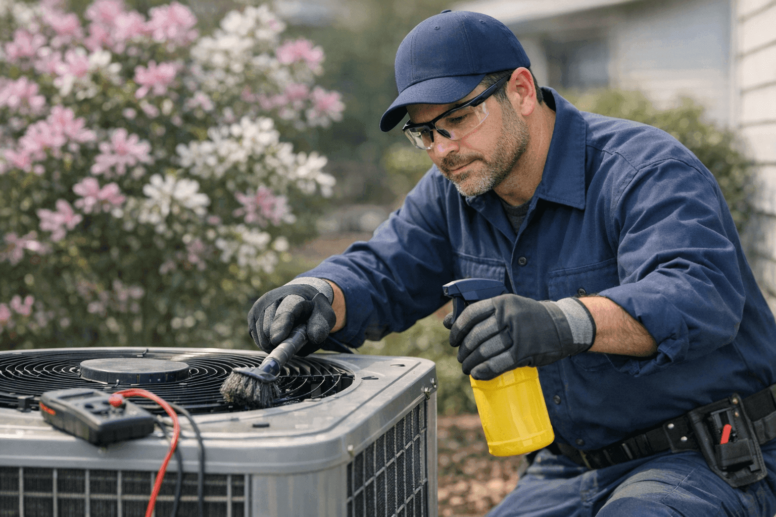 Technician performing spring maintenance on AC condenser