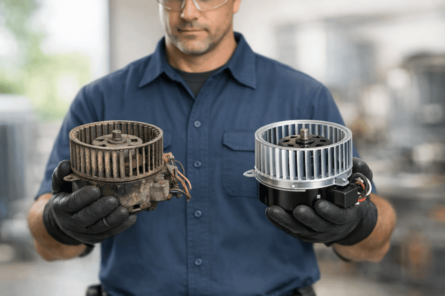 Technician showing old and new HVAC parts side by side