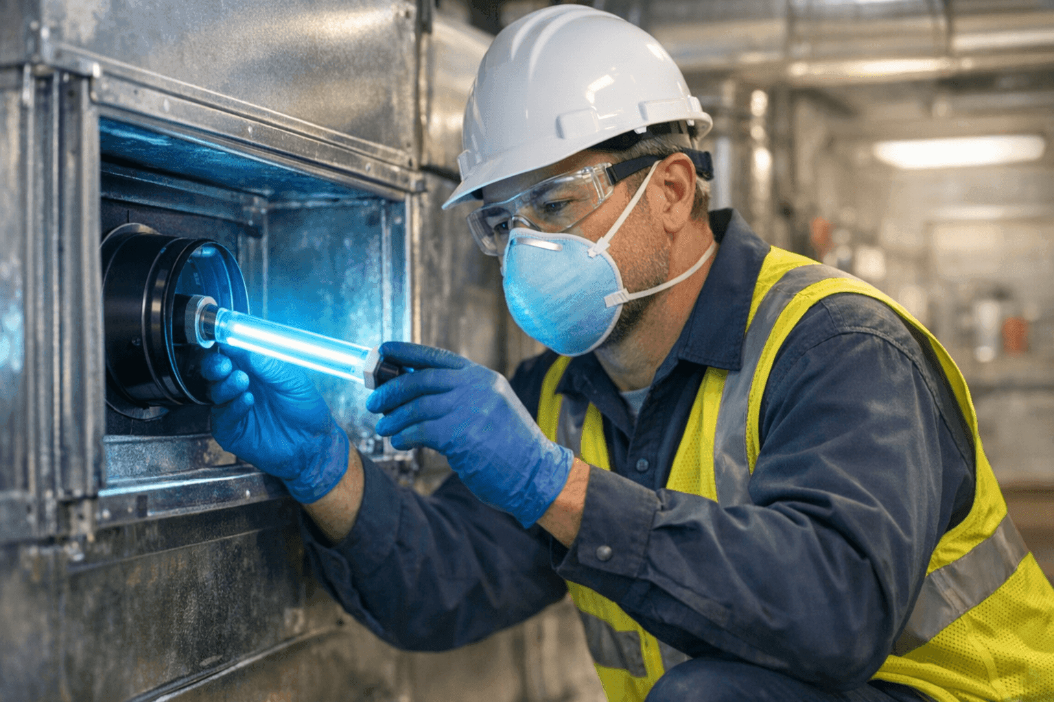 Technician installing UV air purifier in HVAC duct