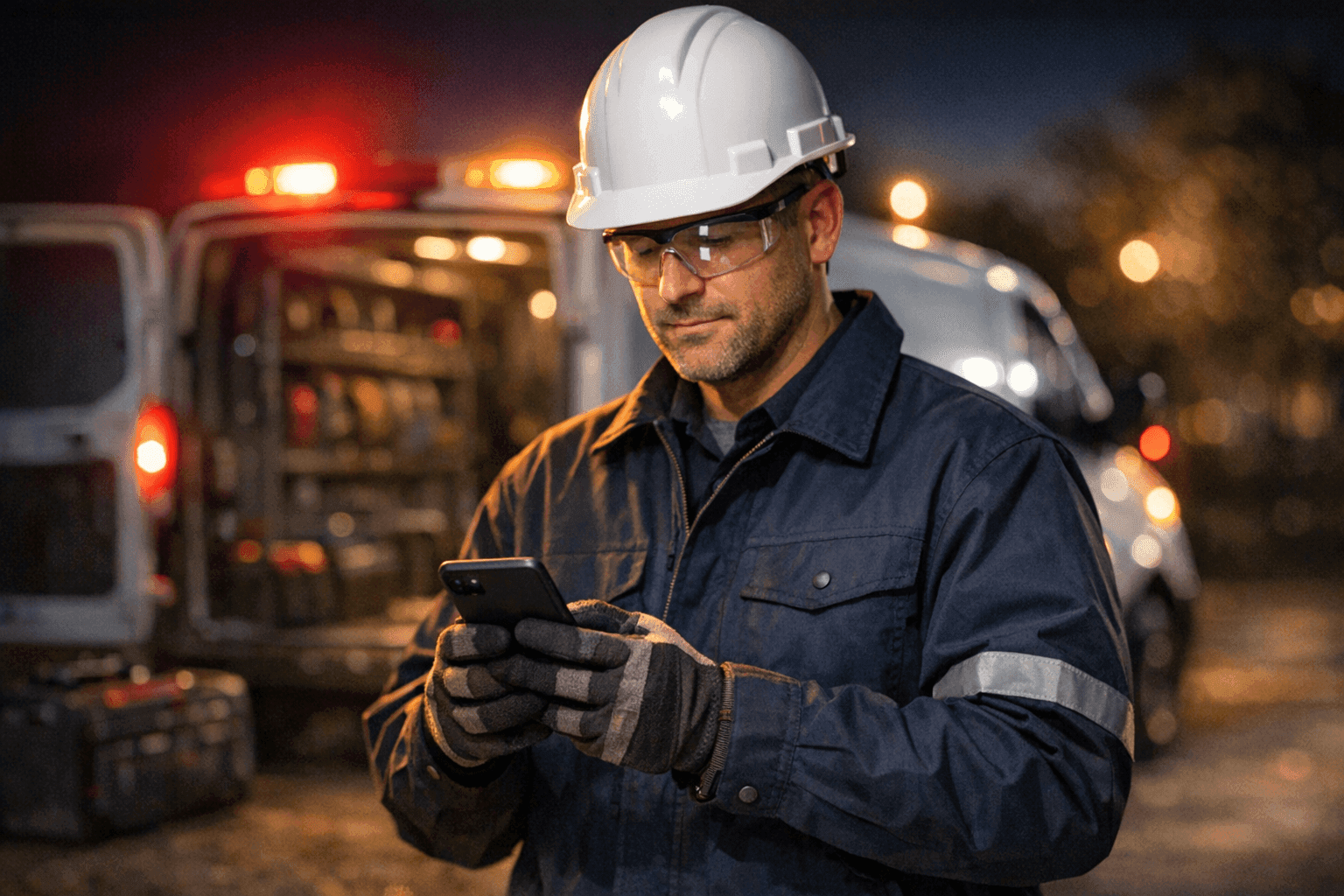 Technician answering emergency HVAC service call at night