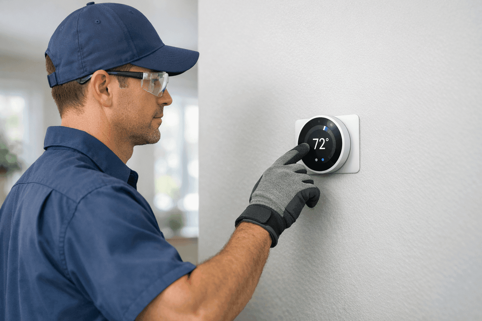 Technician checking a digital thermostat for faults