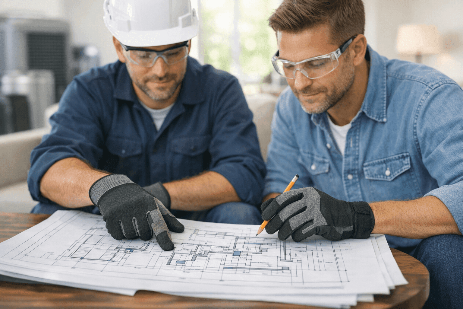 Technician reviewing HVAC system installation plans with client