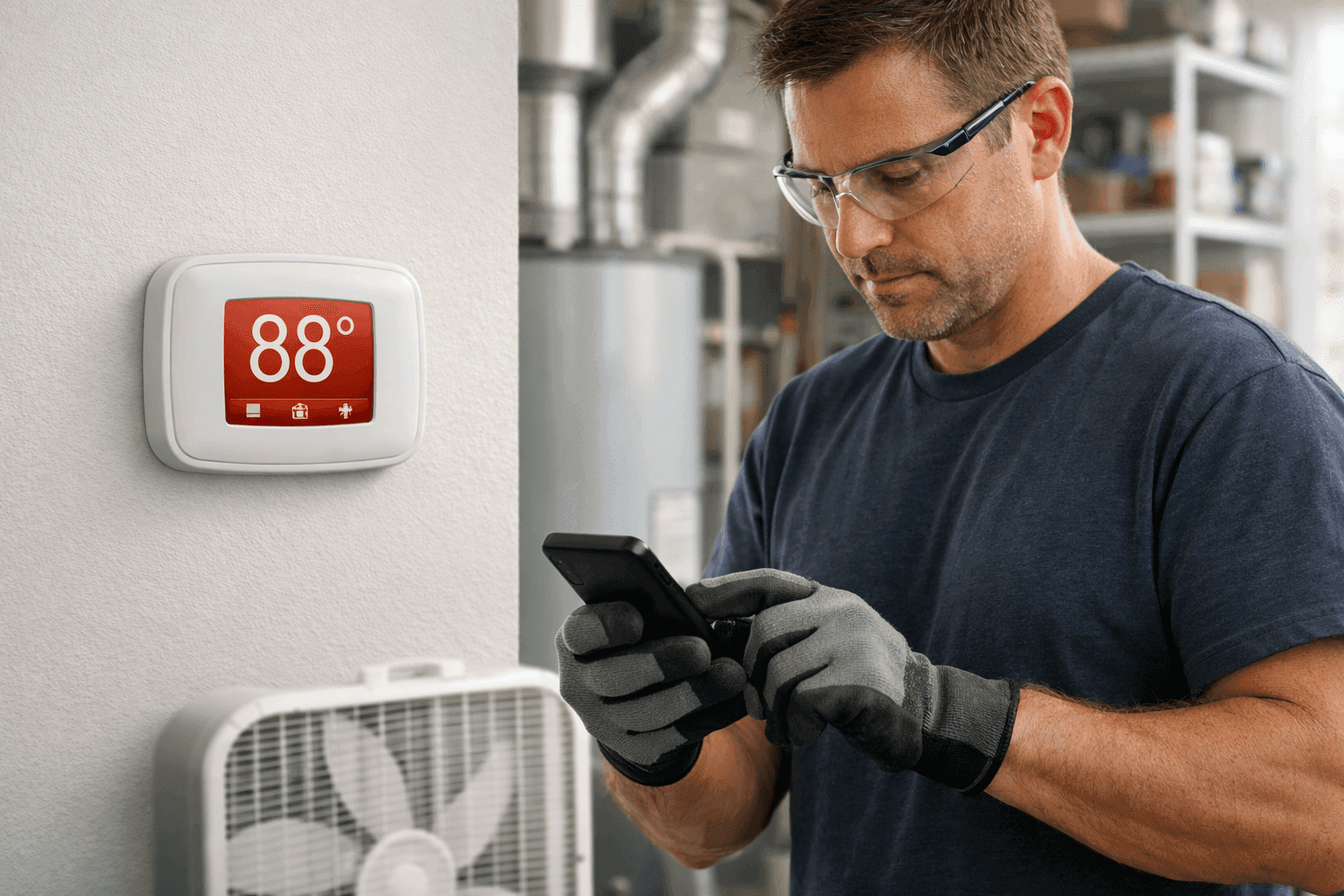 Homeowner calling emergency AC repair near overheated thermostat