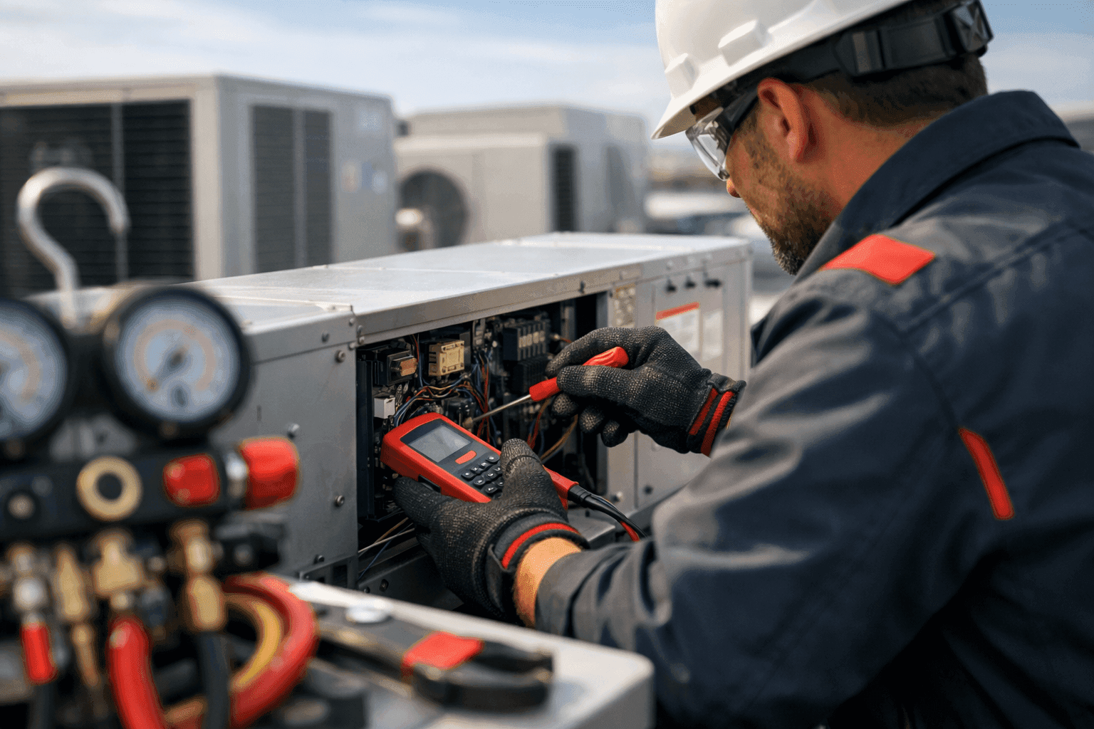 HVAC technician in PPE working on rooftop unit with red-accented uniform and tools in Parker