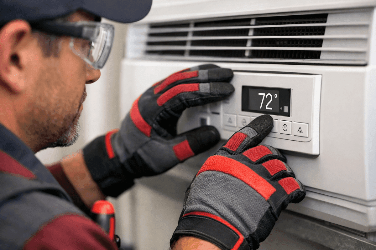 Close-up of gloved hands adjusting air conditioning control panel in clean workspace in Parker